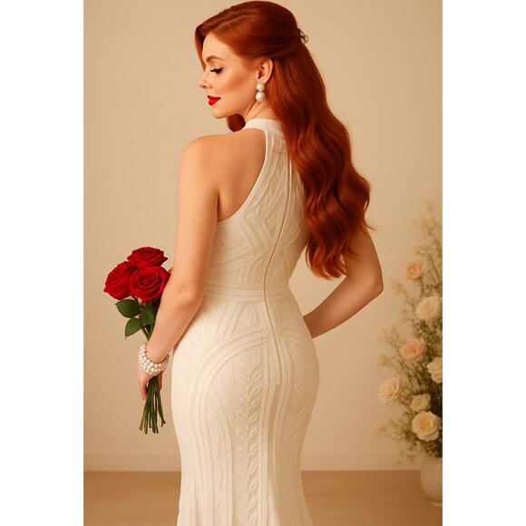 Lulus White Beaded Sequin Halter Gown Dress Bridal Formal Maxi NWT Size Small - Picture 4 of 11